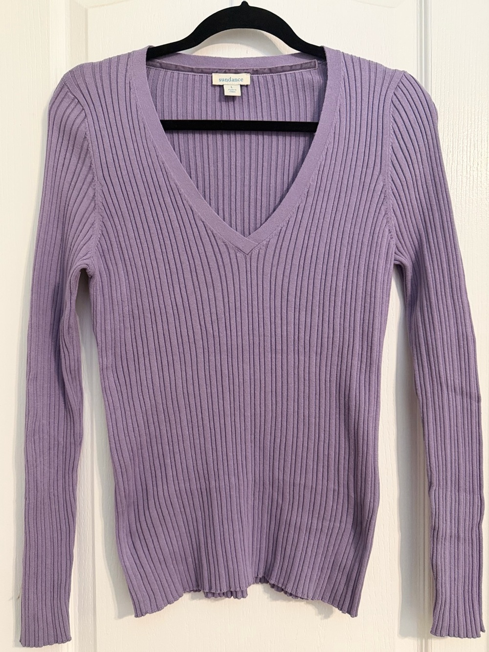 Sundance Lavender Cotton Lightweight Cozy Minimalist Ribbed V Neck Sweater Sz L